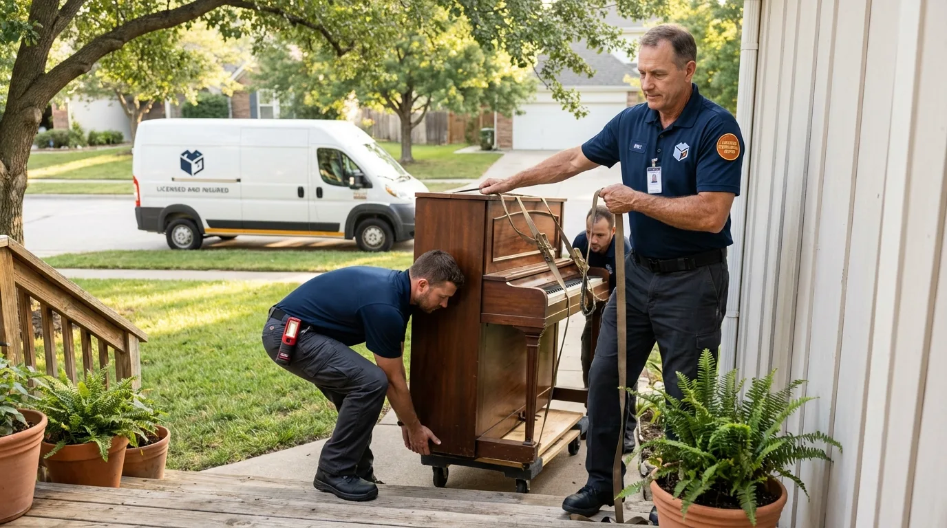 Licensed piano movers securing grand piano in Park Forest, IL