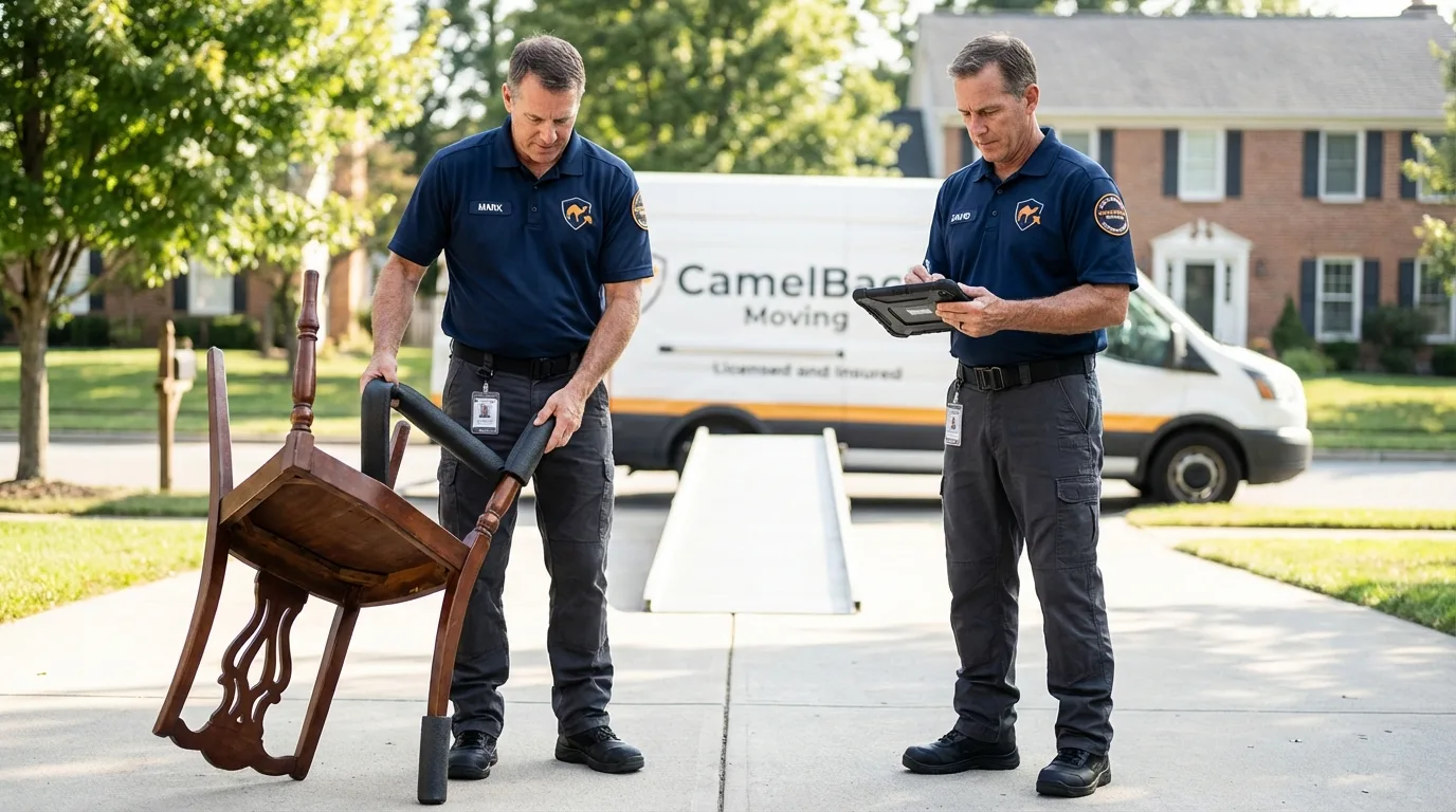 Movers inspecting furniture for damage prevention before loading in Park Forest, IL